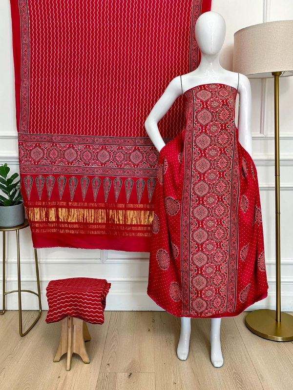 Modal Silk Ajrakh Hand Block Print Suit with Neptol Dye & Zari Pallu Dupatta – Premium Designer Ethnic Wear
