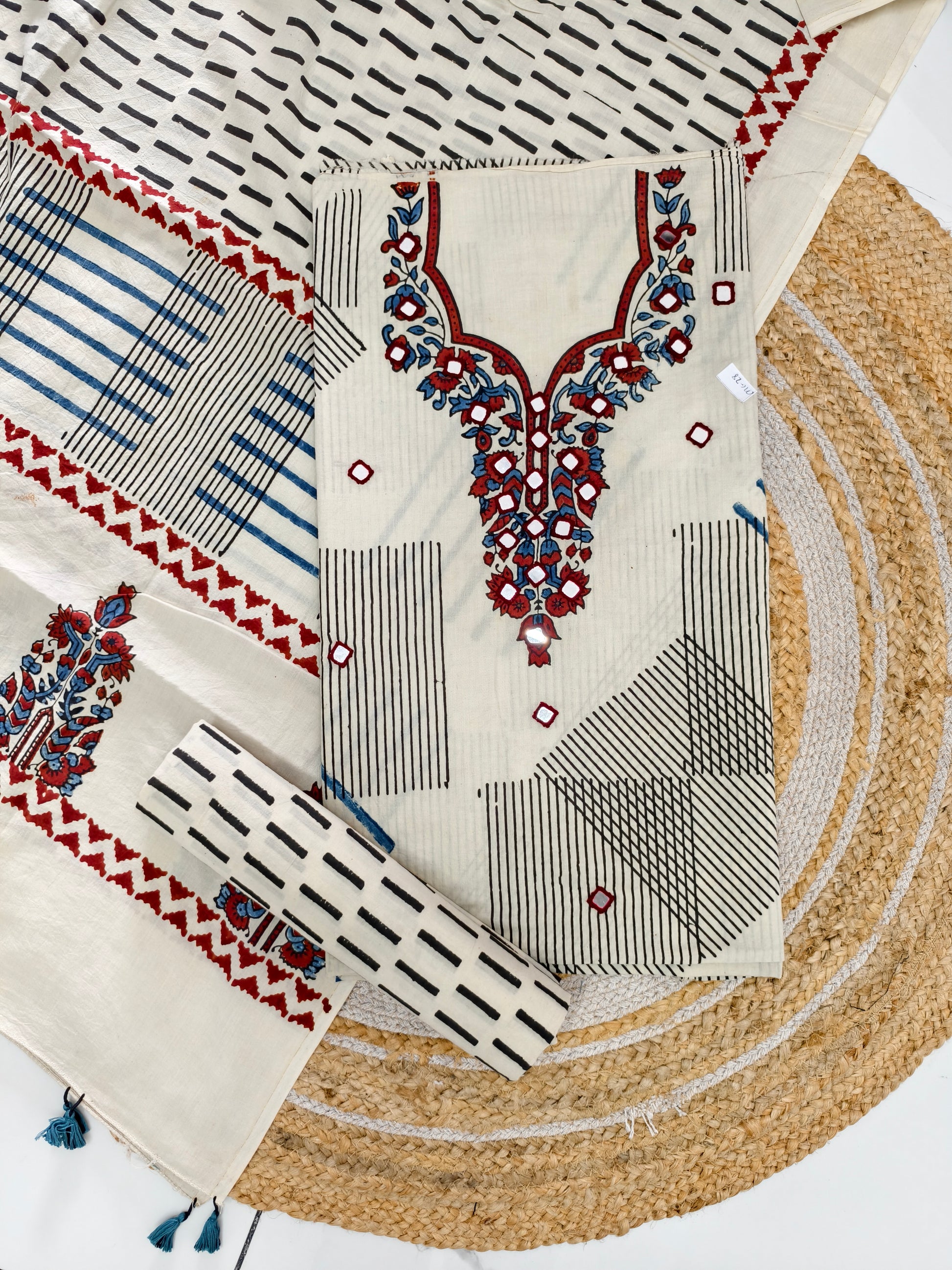 pure cotten ajrakh suit with mirror work & tassels - buy now
