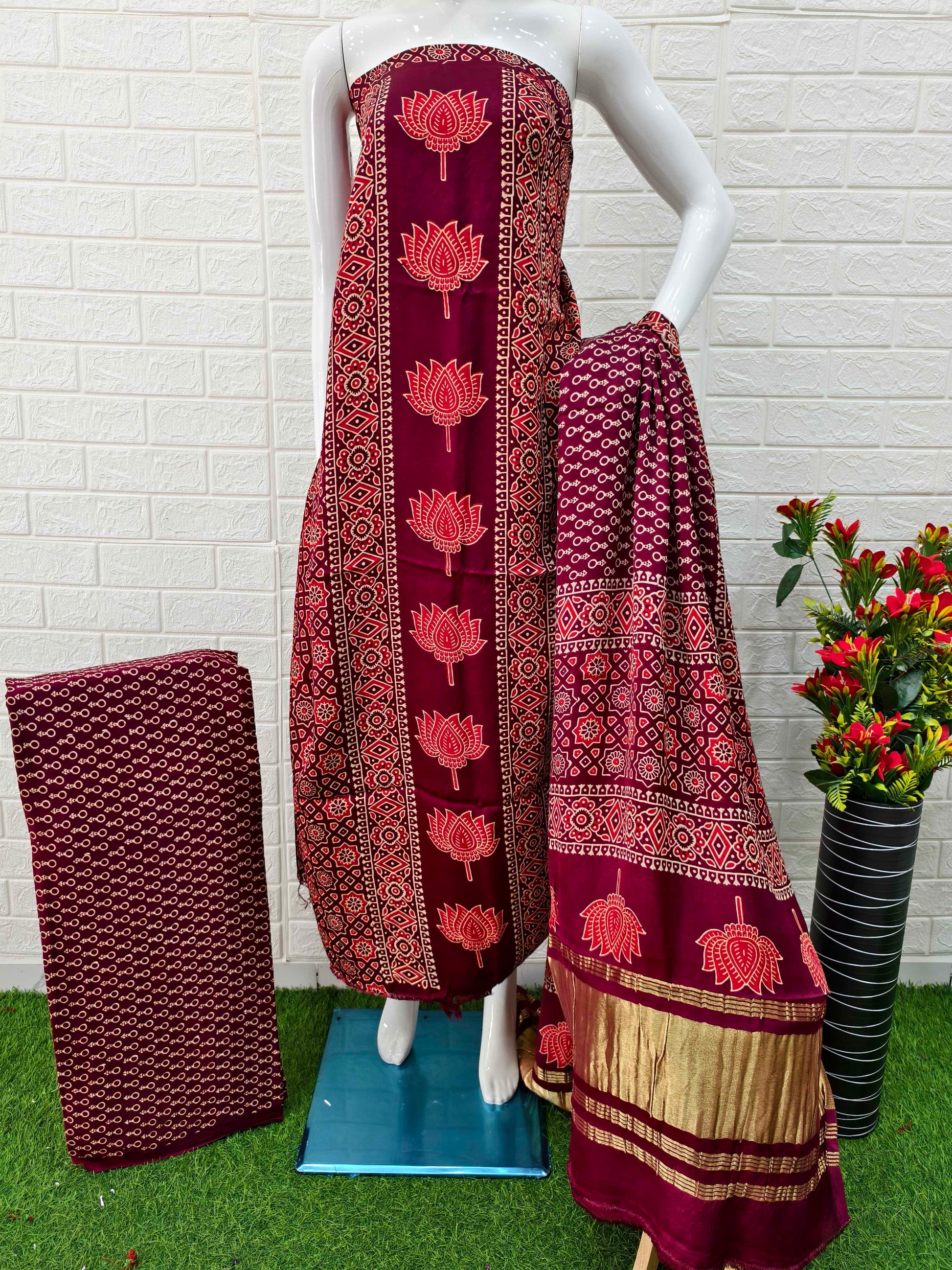 Pure Modal Silk Maroon Ajrakh Hand Block Print Neptol Dye 3 Pice Suit