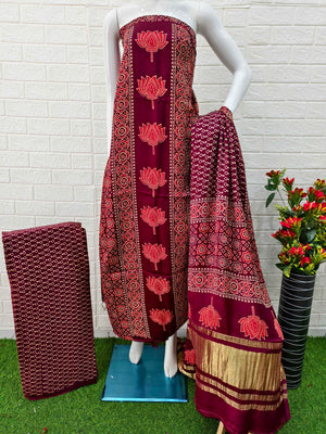 Pure Modal Silk Maroon Ajrakh Hand Block Print Neptol Dye 3 Pice Suit