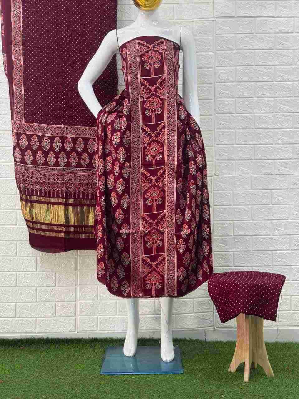 Pure Modal Silk Ajrakh Hand Block Print Neptol Dye 3 Pice Suit