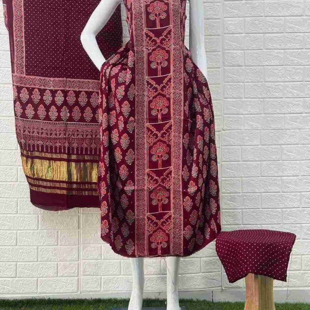 Pure Modal Silk Ajrakh Hand Block Print Neptol Dye 3 Pice Suit