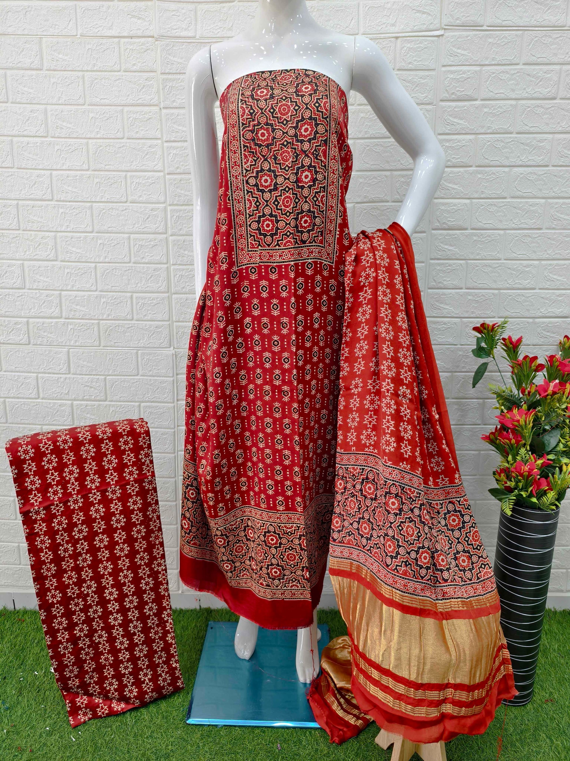 Pure Modal Silk Rust Ajrakh Hand Block Print Neptol Dye 3 Pice Suit
