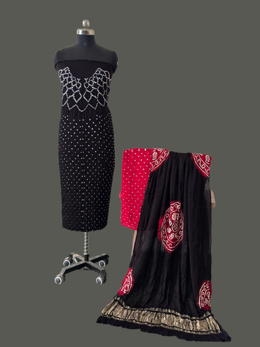 Buy Online Modal Silk Bandhani Makdi Design 3 Piece Suit Set – Zari Dupatta