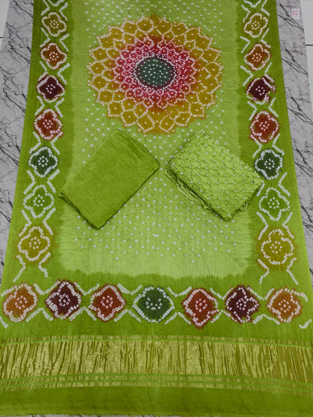 Premium Multi-Color Modal Silk Bandhej Suit Set | Handcrafted Bandhani Designer Dress Material with Zari Dupatta