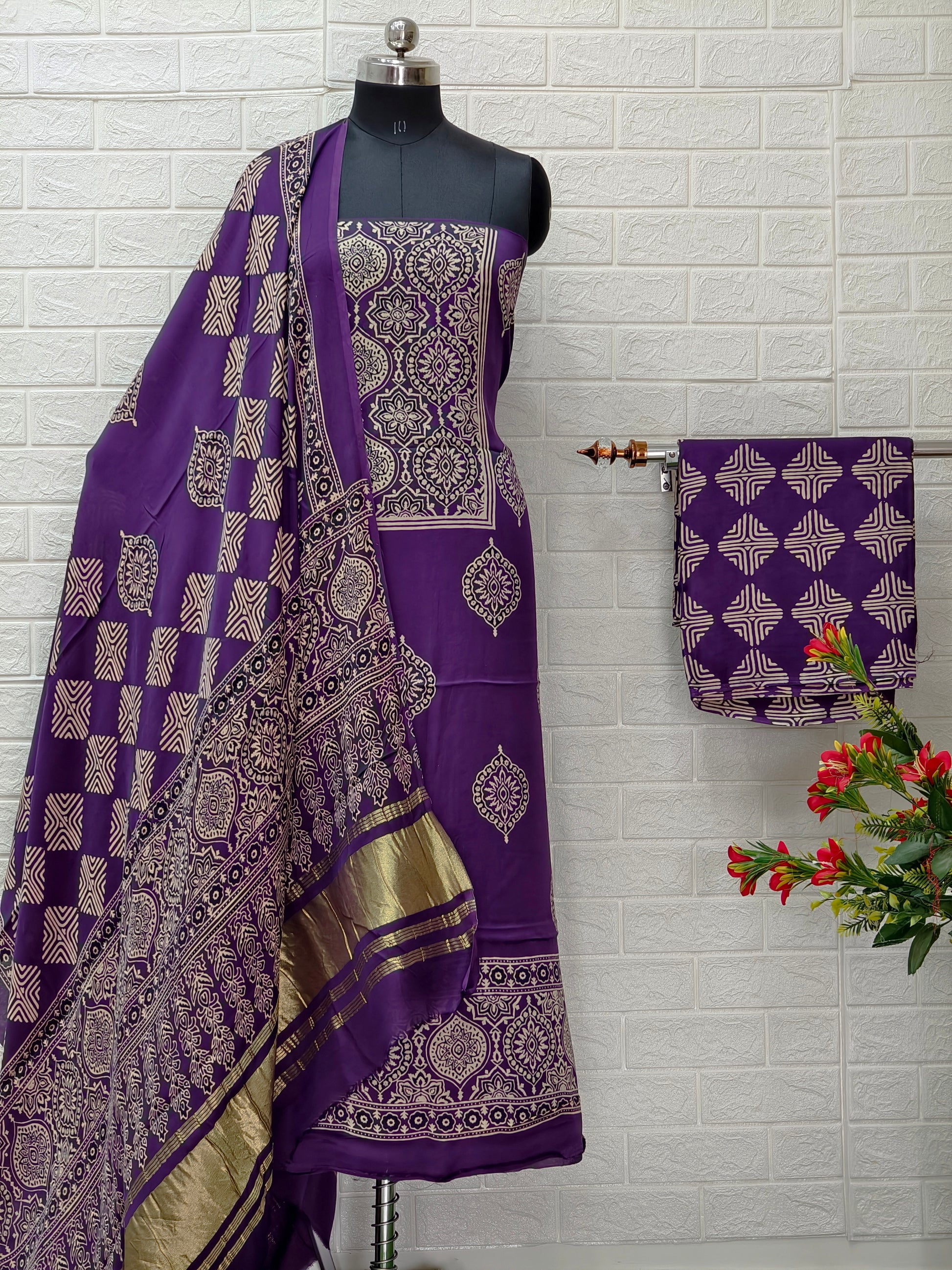 Pure Modal Silk Ajrakh Hand Block Print Neptol Dye 3 Pice Suit