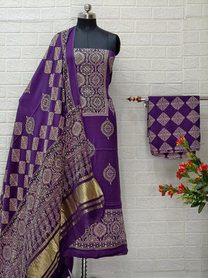 Pure Modal Silk Ajrakh Hand Block Print Neptol Dye 3 Pice Suit