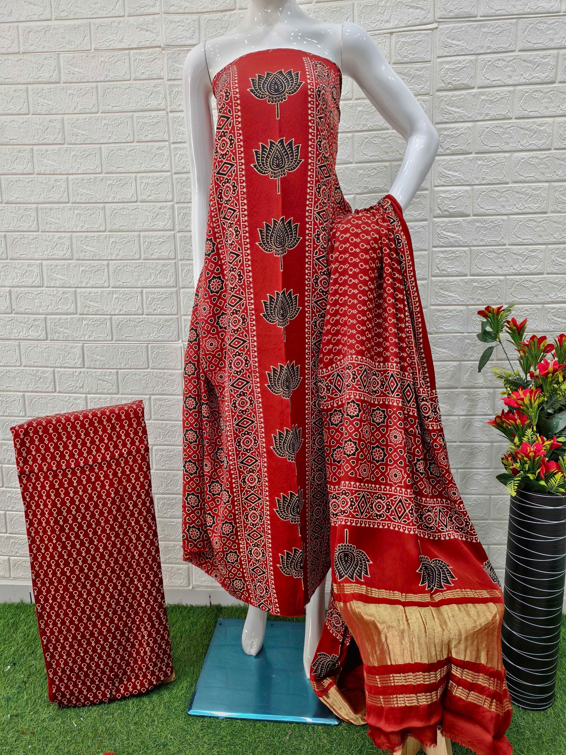 Pure Modal Silk Rust Ajrakh Hand Block Print Neptol Dye 3 Pice Suit