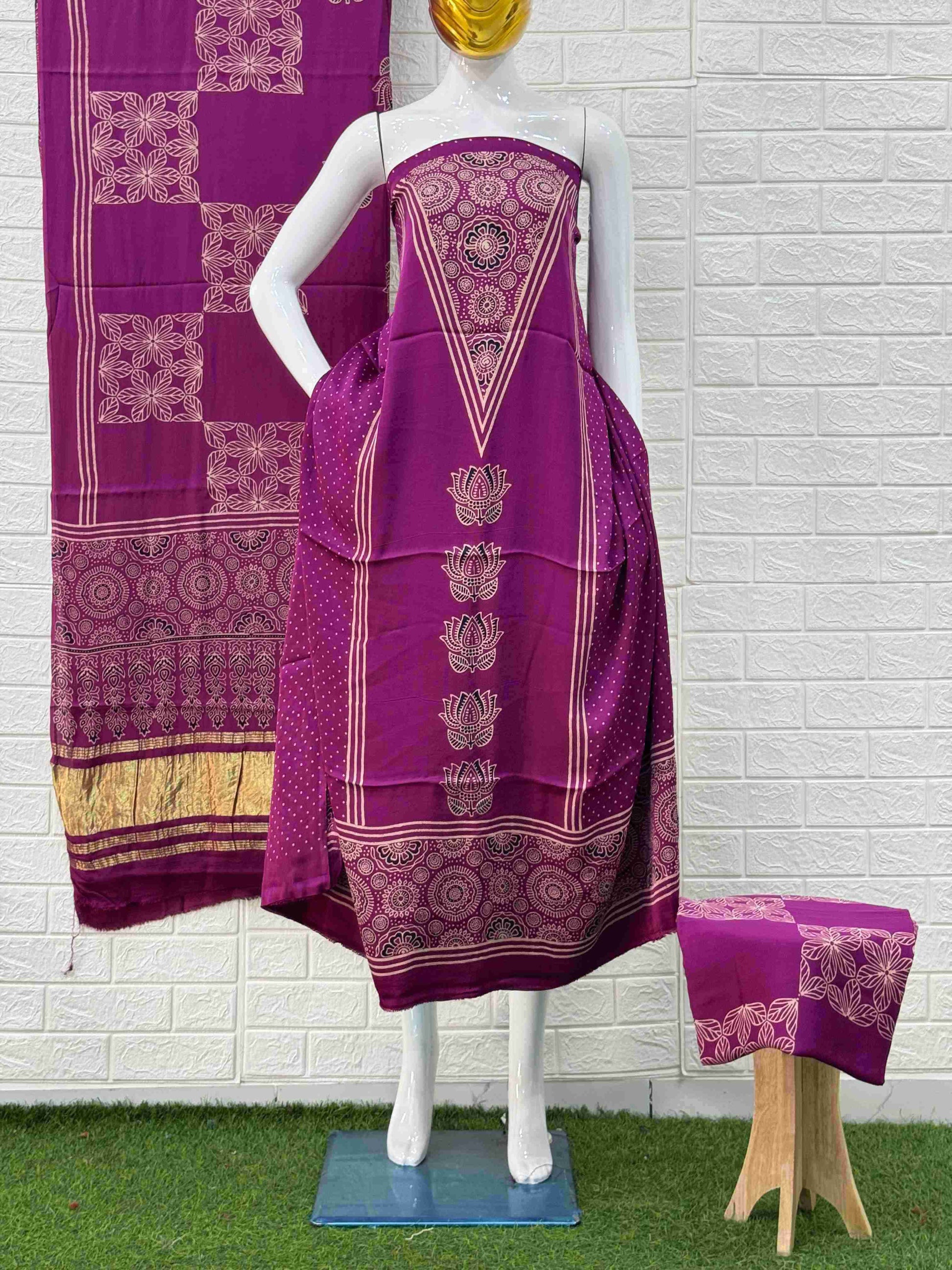 Pure Modal Silk Magenta Ajrakh Hand Block Print Neptol Dye 3 Pice Suit