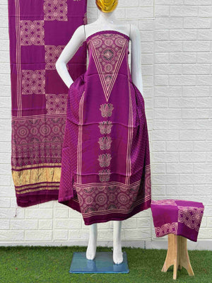 Pure Modal Silk Magenta Ajrakh Hand Block Print Neptol Dye 3 Pice Suit