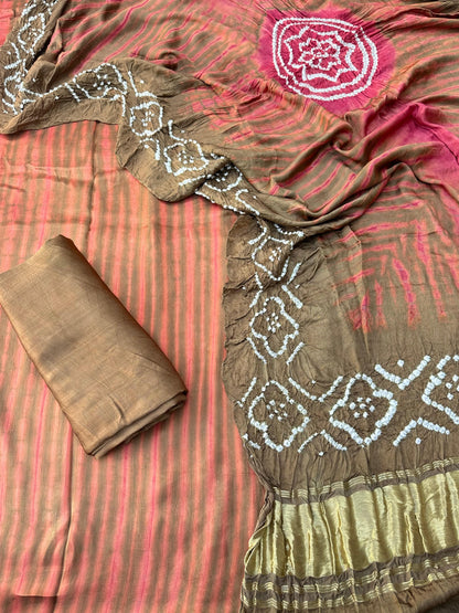 Brown g & pink Modal Silk Tie & Dye Bandhani Dupatta 3 Piece Suits