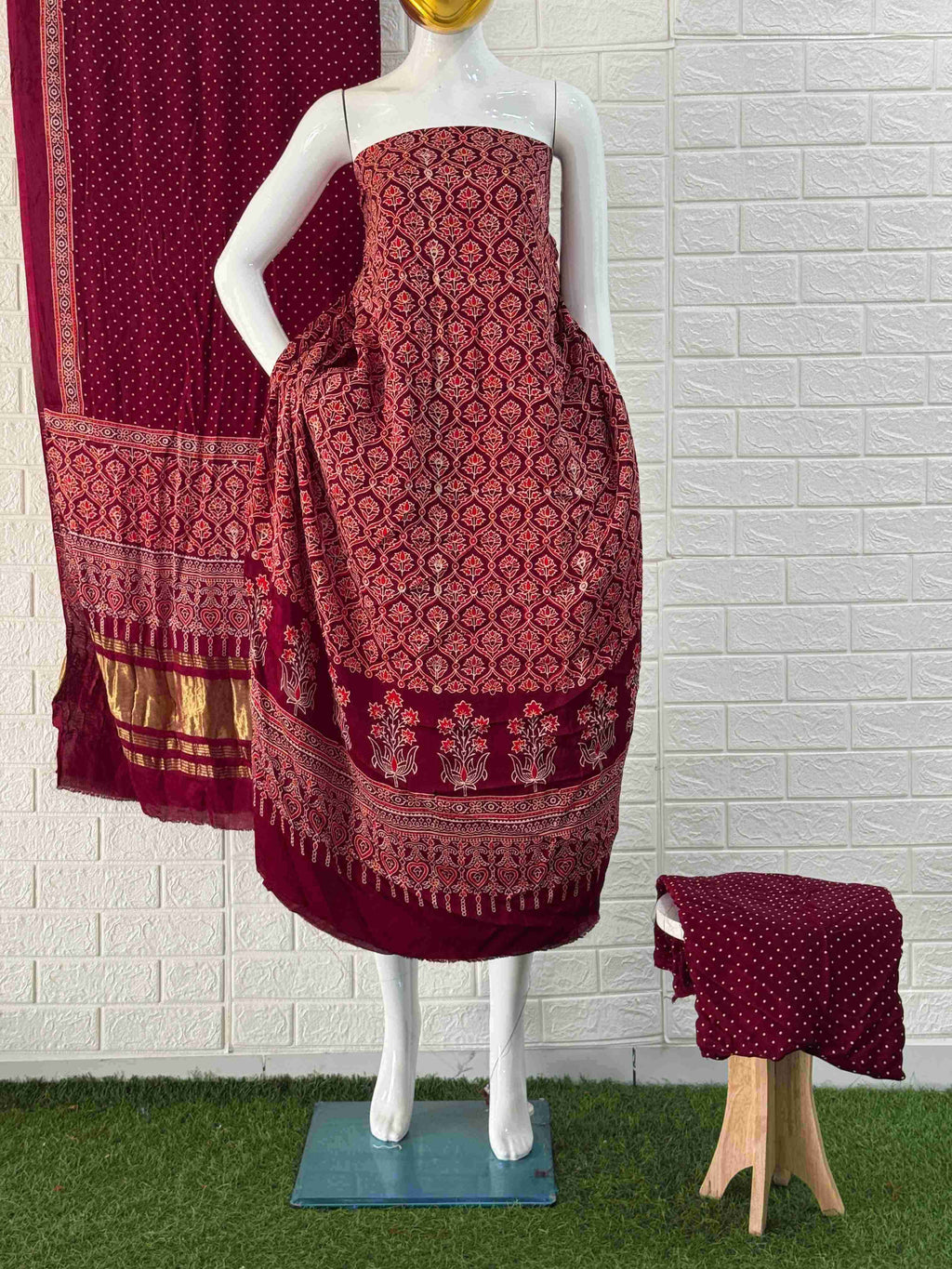 Pure Modal Silk Maroon Ajrakh Hand Block Print Neptol Dye 3 Pice Suit