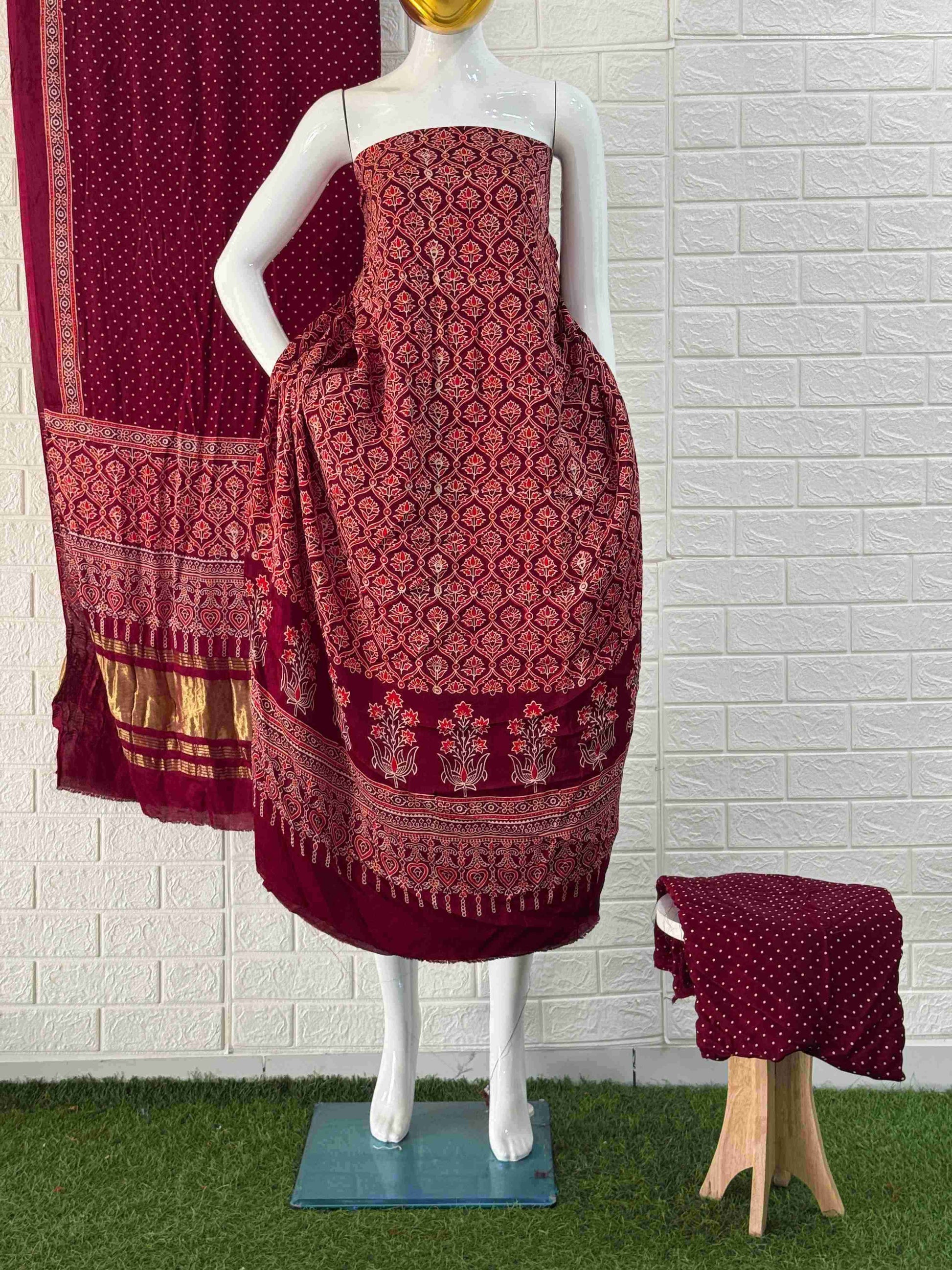 Pure Modal Silk Maroon Ajrakh Hand Block Print Neptol Dye 3 Pice Suit