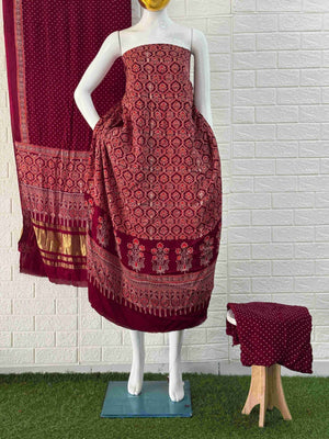 Pure Modal Silk Maroon Ajrakh Hand Block Print Neptol Dye 3 Pice Suit