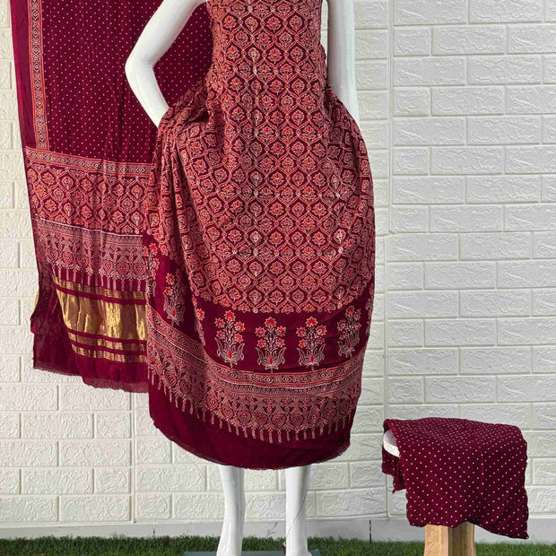 Pure Modal Silk Maroon Ajrakh Hand Block Print Neptol Dye 3 Pice Suit