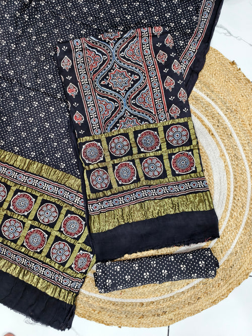 Ajrakh hand block print checks pallu top and dupatta suit