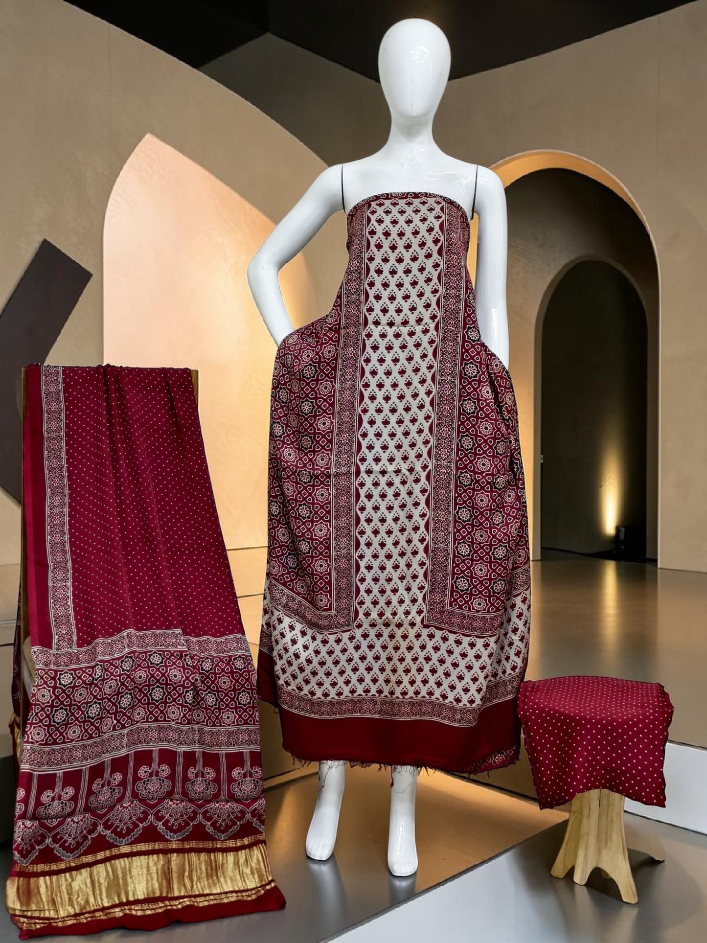 ladish maroon Modal Silk Ajrakh Hand Block Print Suit with Neptol Dye & Zari Pallu Dupatta – Premium Designer Ethnic Wear