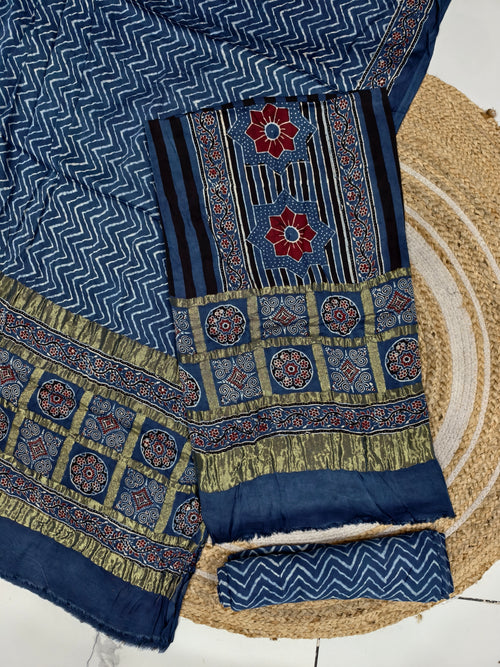 Ajrakh hand block print checks pallu top and dupatta suit