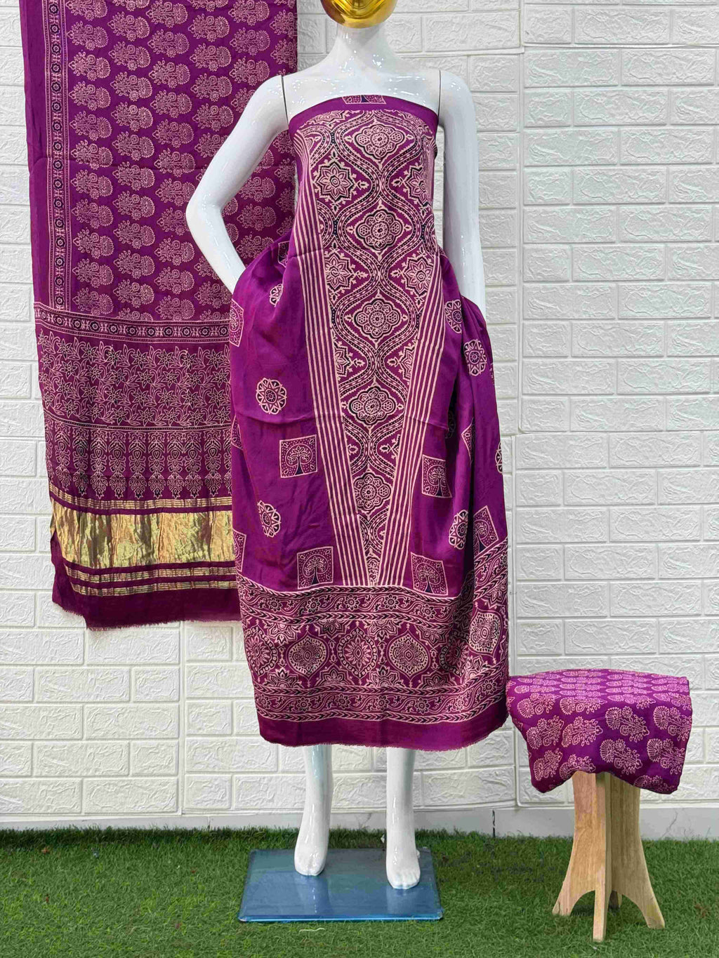 Pure Modal Silk Ajrakh Hand Block Print Neptol Dye 3 Pice Suit