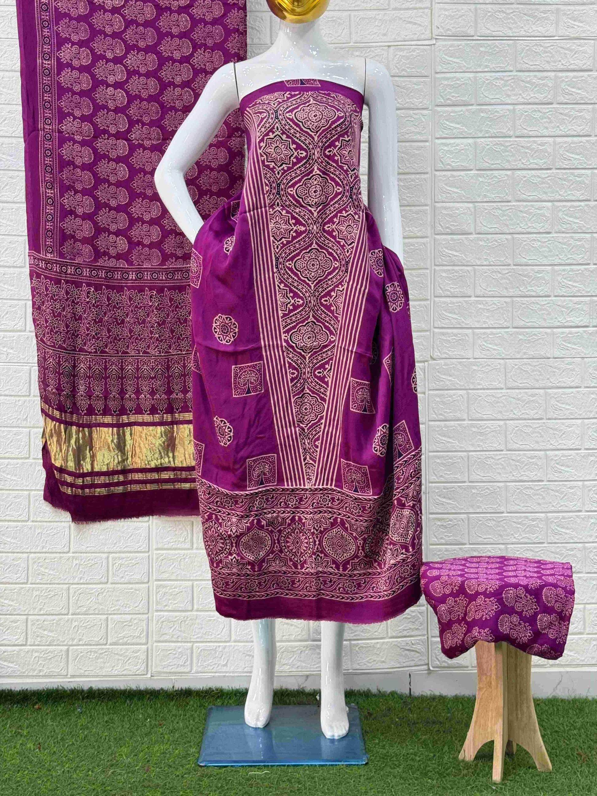 Pure Modal Silk Ajrakh Hand Block Print Neptol Dye 3 Pice Suit