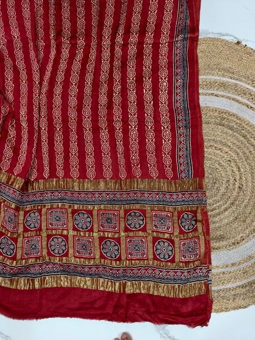 Ajrakh hand block print checks pallu top and dupatta suit