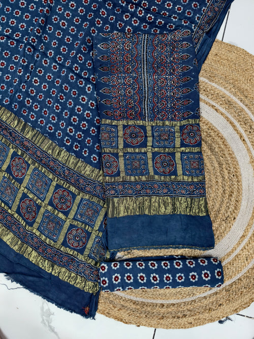 Ajrakh hand block print checks pallu top and dupatta suit