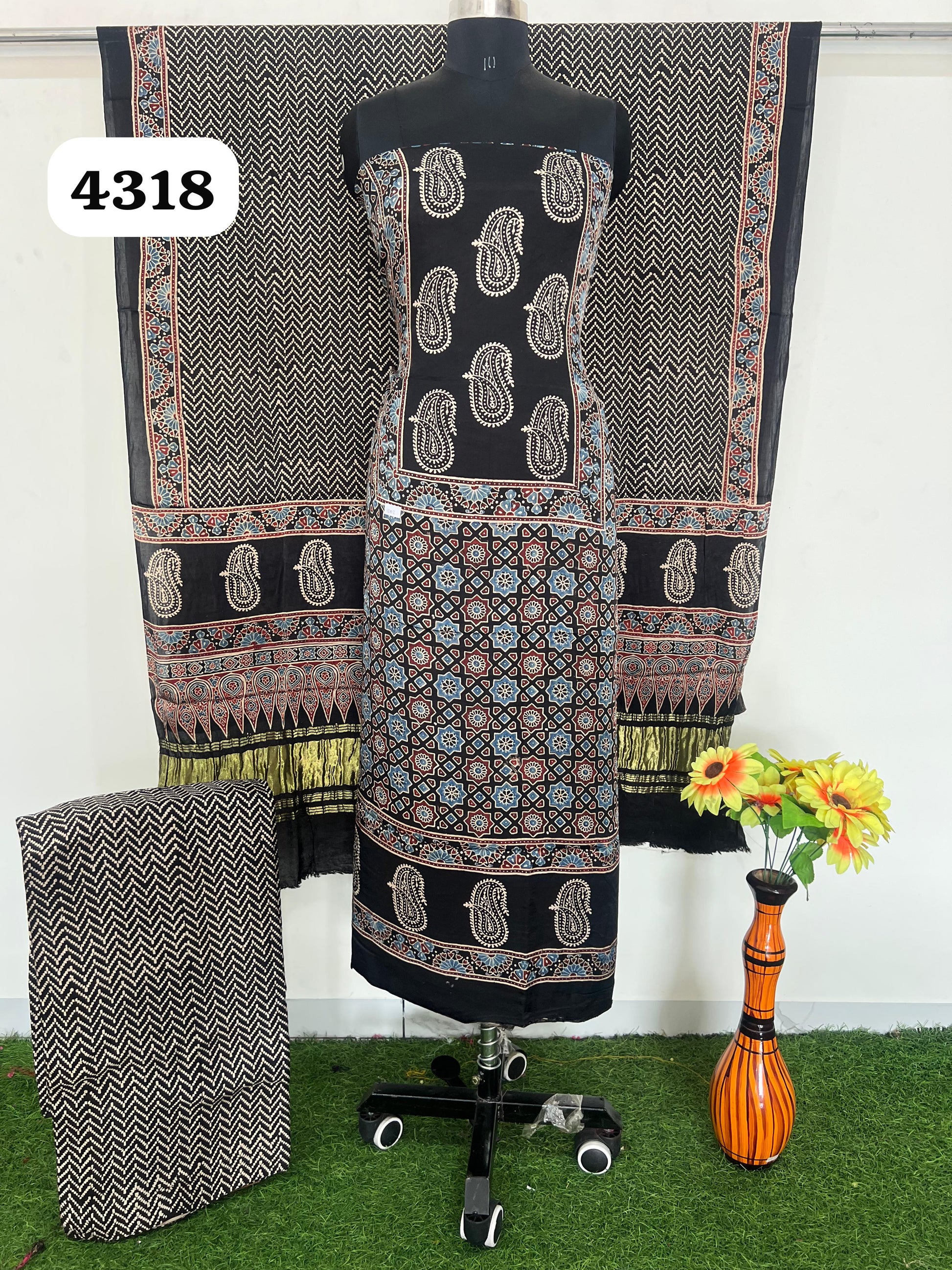 Ajrakh Suit Pure Modal Silk Ajrakh Hand  Block print Nechral Dye 3 Pice Suit