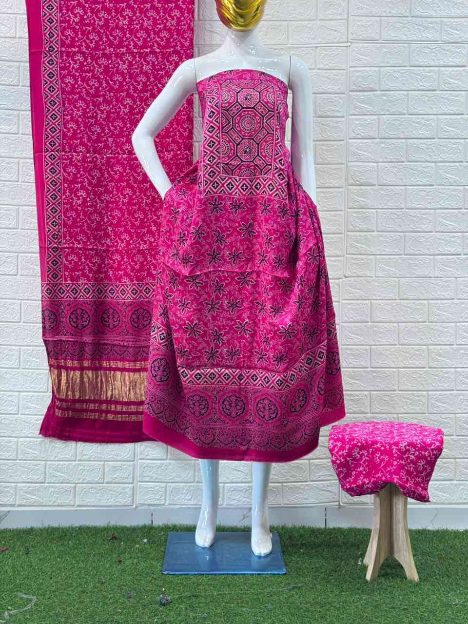 Pure Modal Silk Rust Ajrakh Hand Block Print Neptol Dye 3 Pice Suit