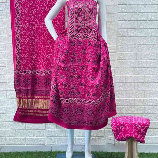 Pure Modal Silk Rust Ajrakh Hand Block Print Neptol Dye 3 Pice Suit