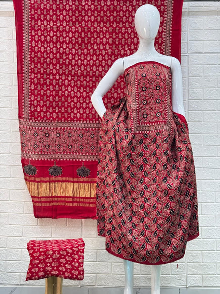 Buy Ajrakh Hand Block Print Modal Silk 3 Piece Suit Online | Ajrakh Design with Zari Dupatta
