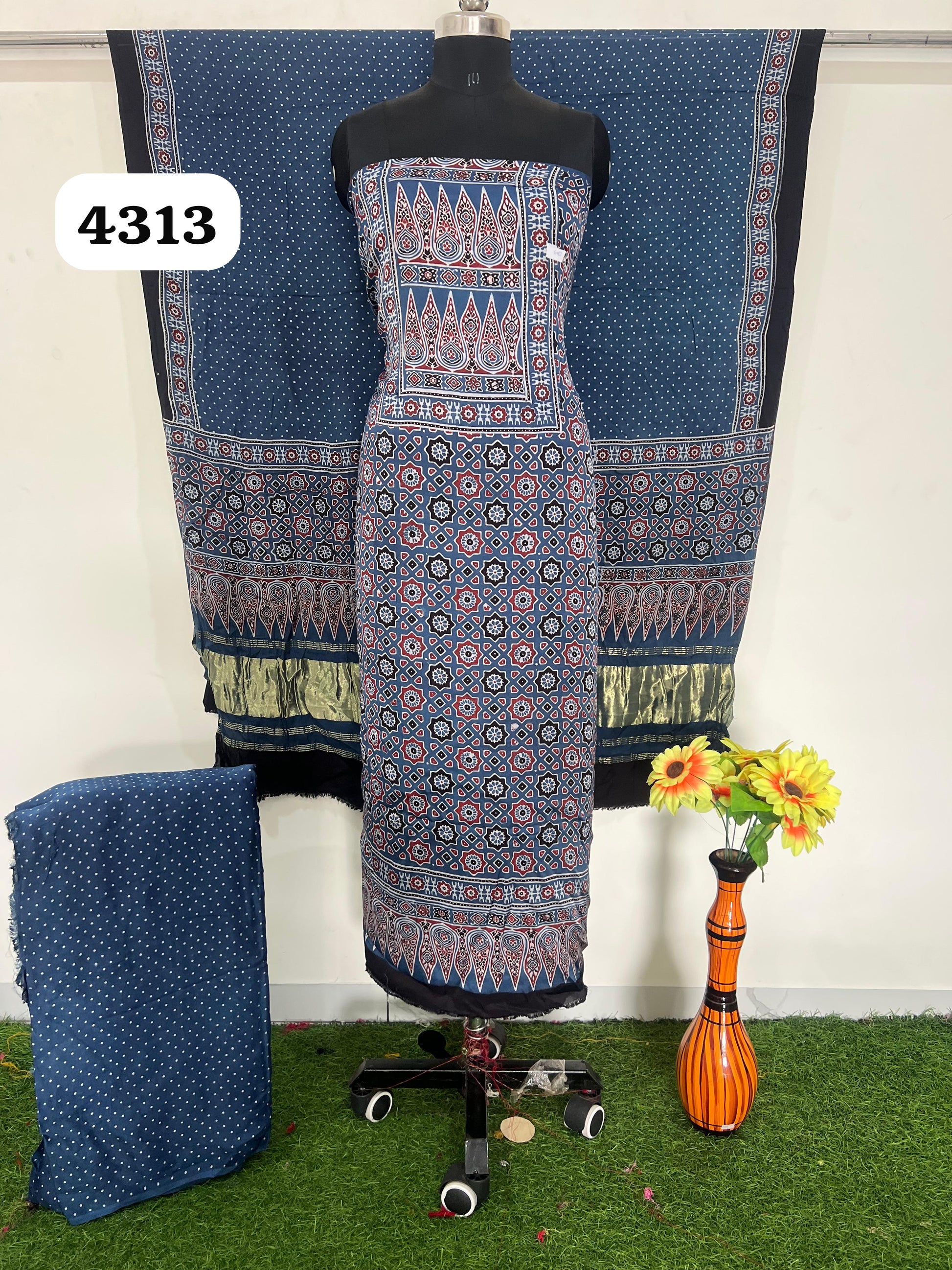 (Copy) Pure Modal Silk Ajrakh Hand  Block print Nechral Dye 3 Pice Suit