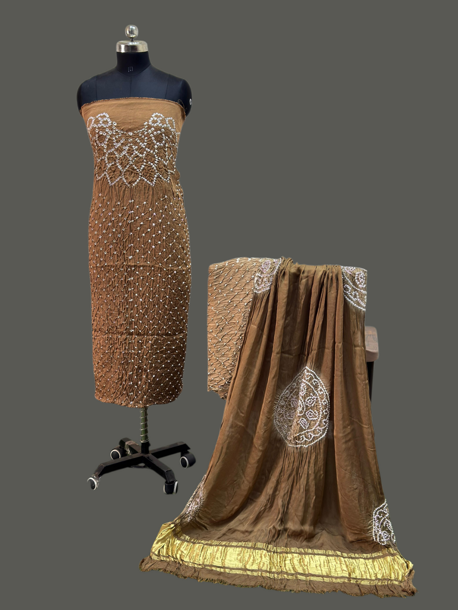 Buy Online Modal Silk Bandhani Makdi Design 3 Piece Suit Set – Zari Dupatta