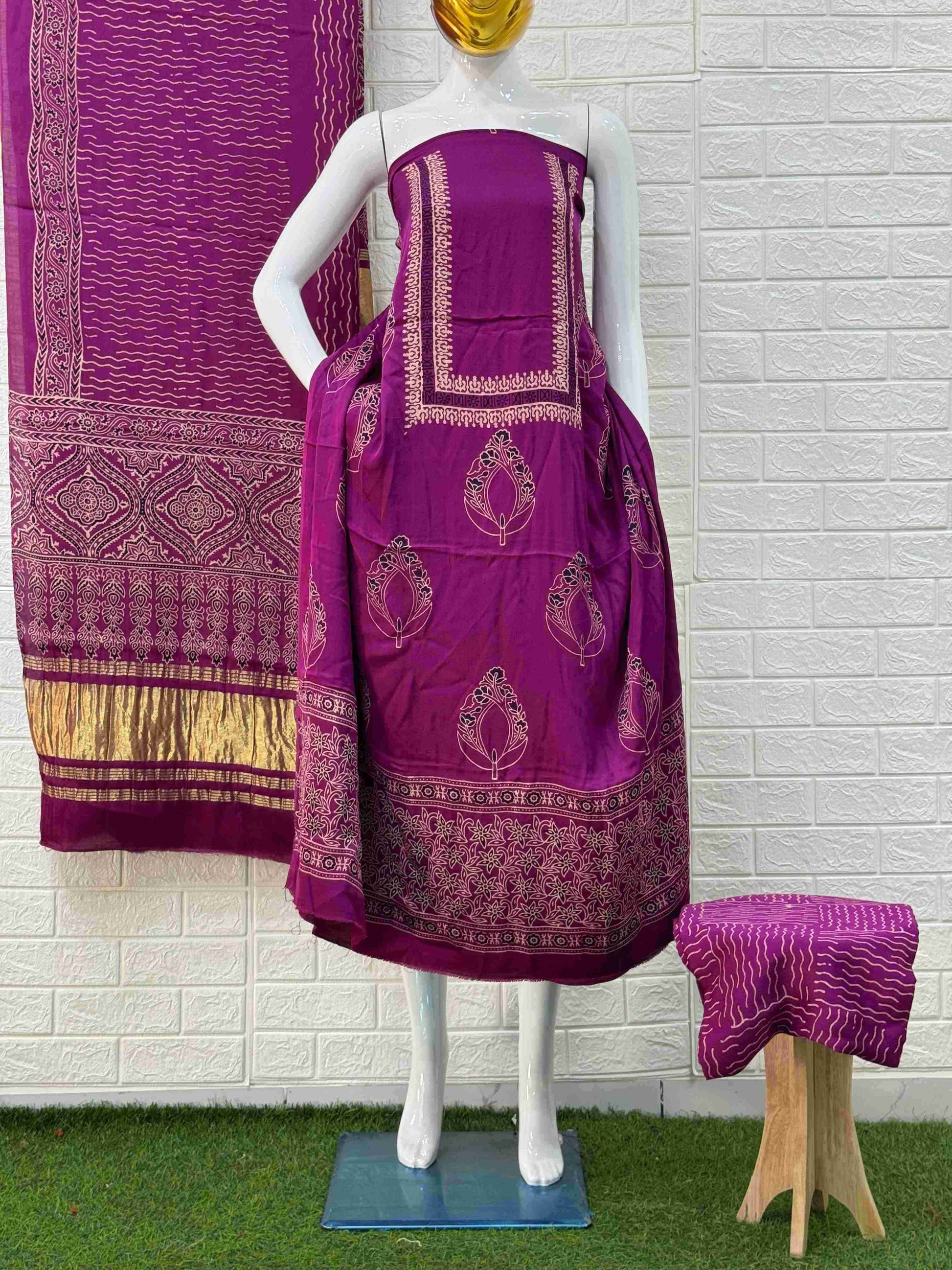 Pure Modal Silk Magenta Ajrakh Hand Block Print Neptol Dye 3 Pice Suit