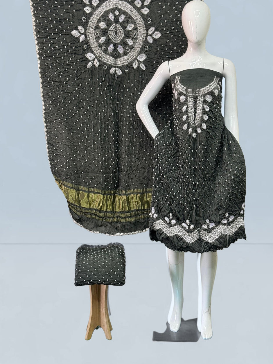 Modal Silk Shibori Suit Set with Bandhej Bottom & Zari Pallu Dupatta