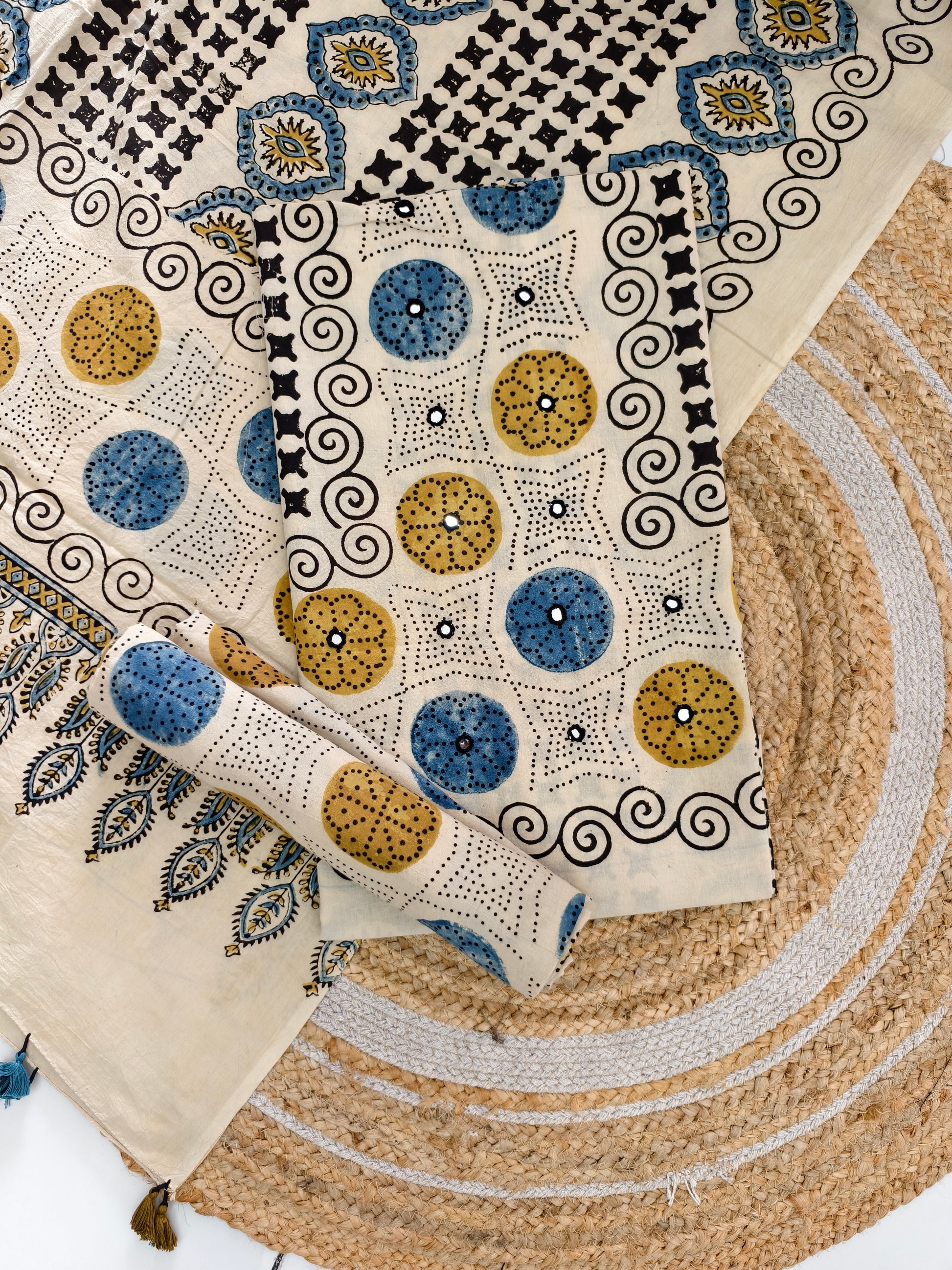 pure cotten ajrakh suit with mirror work & tassels - buy now