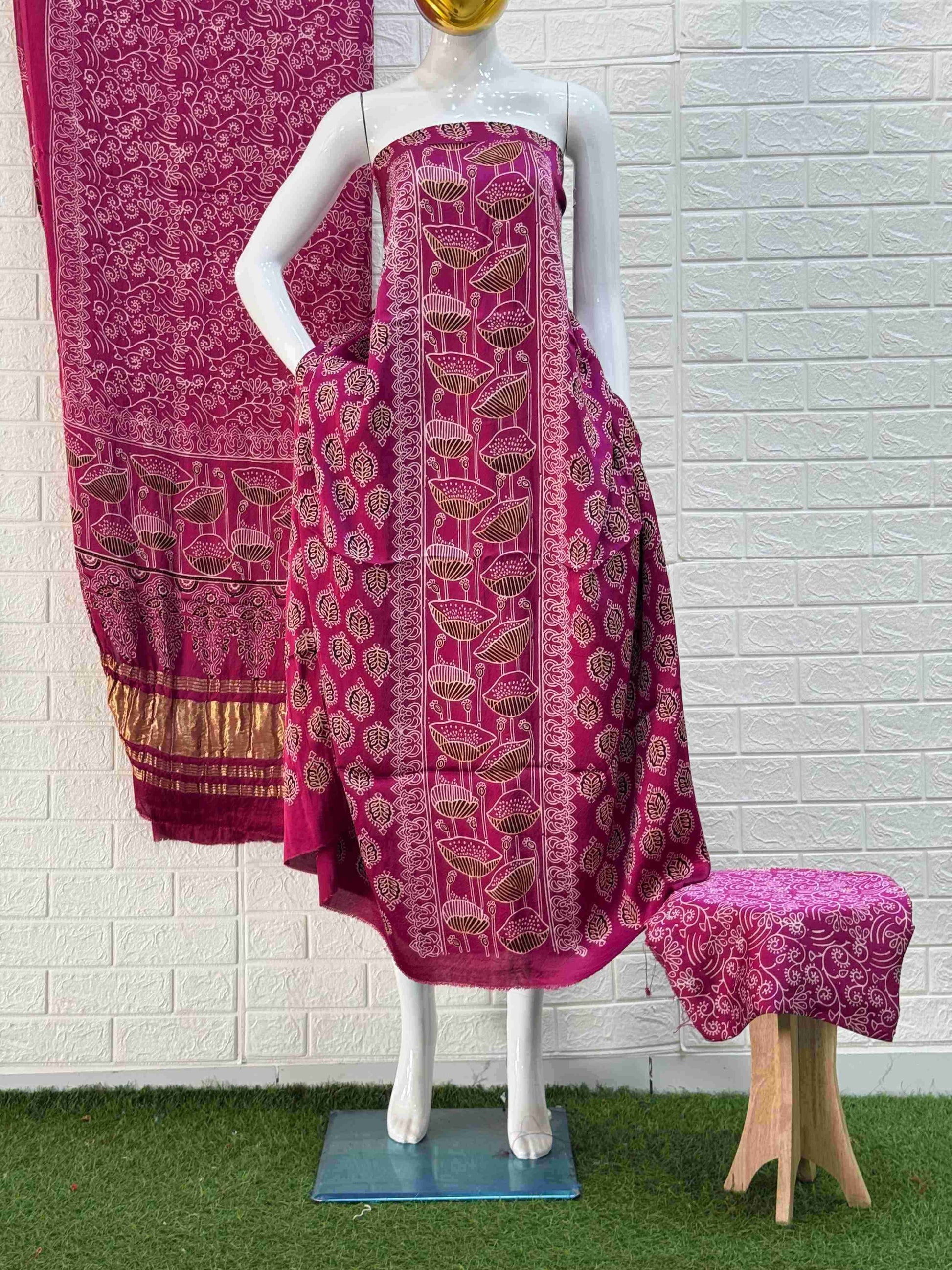 Pure Modal Silk Ajrakh Hand Block Print Neptol Dye 3 Pice Suit