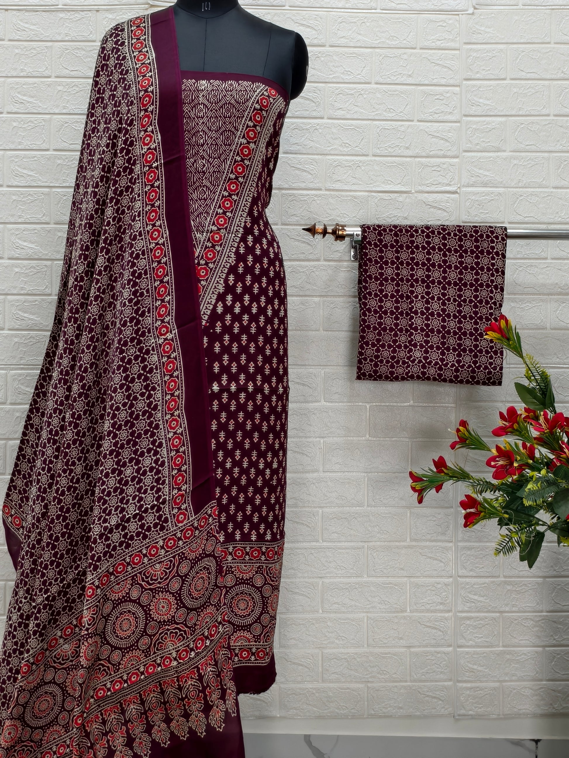 Ajrakh Hand Block Print Neptol Dye 3 Pice Suit