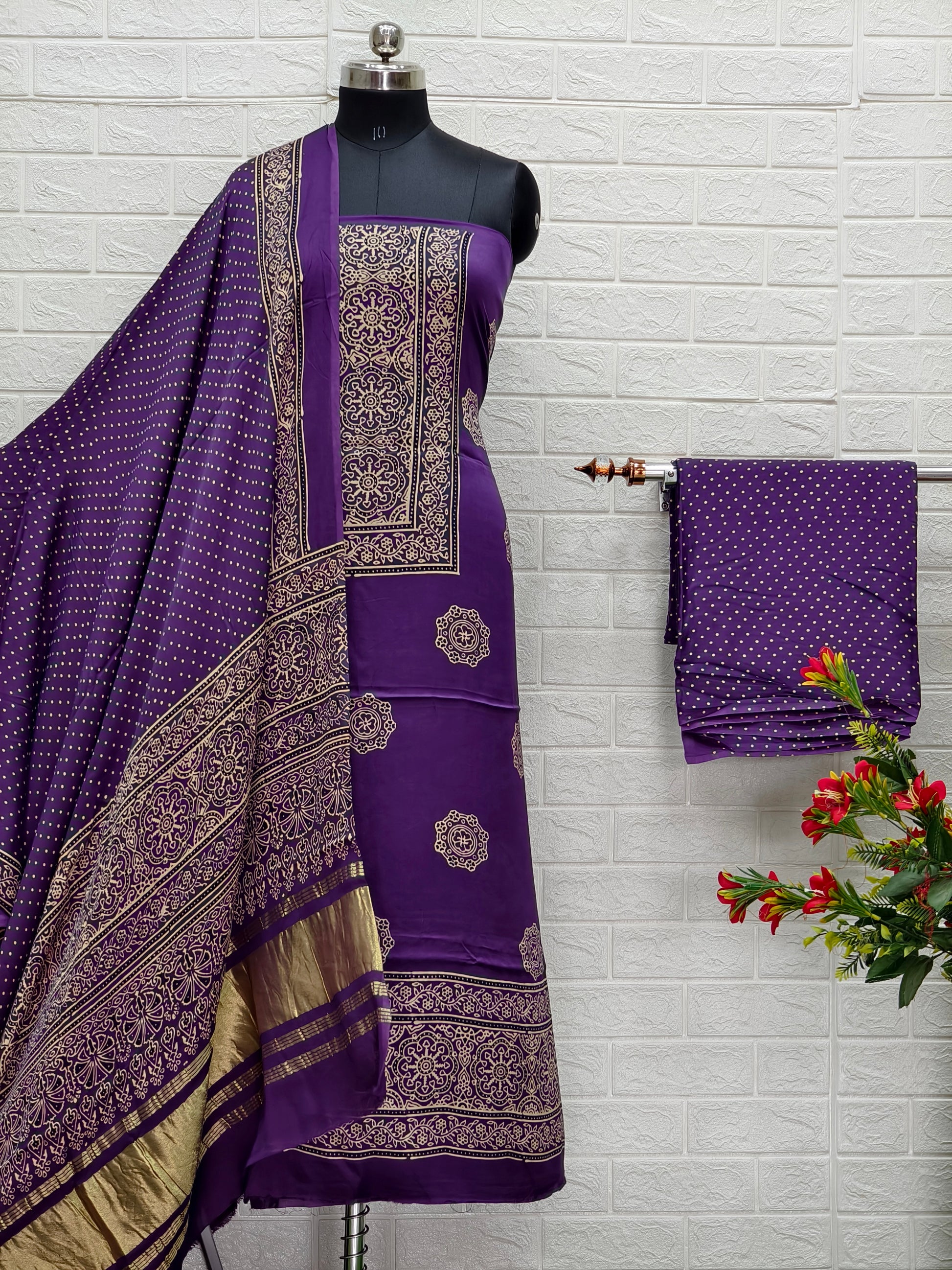 Pure Modal Silk Ajrakh Hand Block Print Neptol Dye 3 Pice Suit