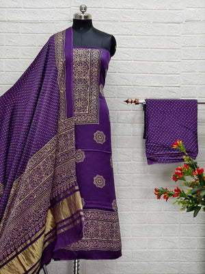 Pure Modal Silk Ajrakh Hand Block Print Neptol Dye 3 Pice Suit