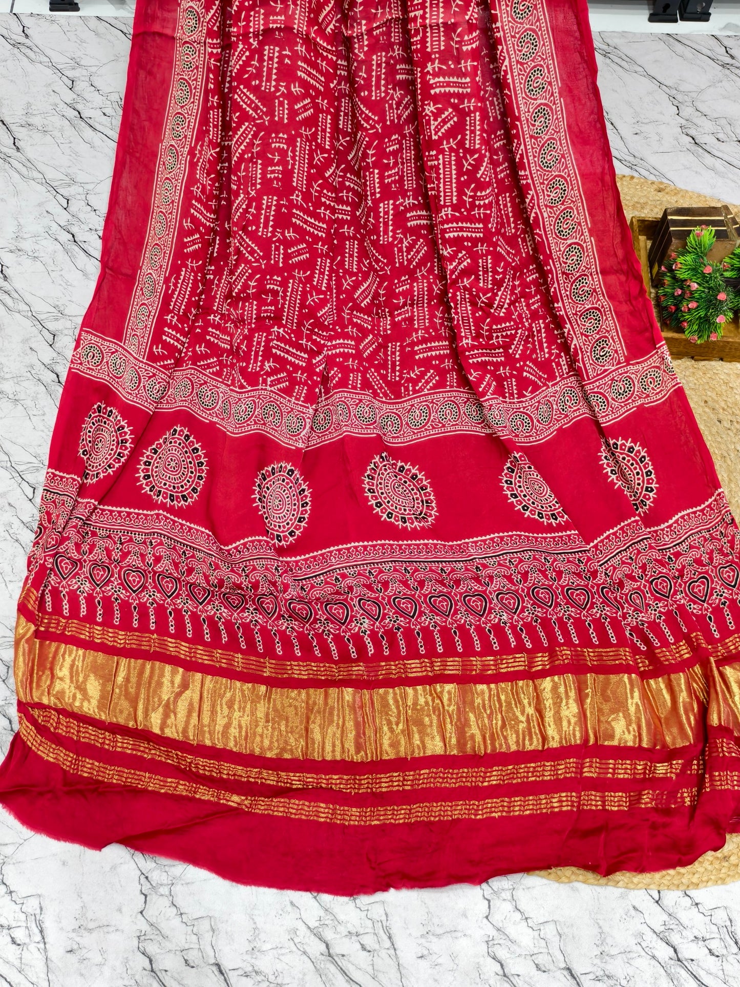 Modal Silk Red Ajrakh Hand Block Print Suit with Neptol Dye & Zari Pallu Dupatta – Premium Designer Ethnic Wear