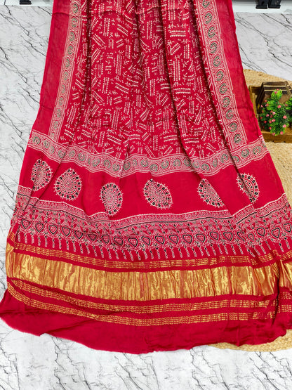 Modal Silk Red Ajrakh Hand Block Print Suit with Neptol Dye & Zari Pallu Dupatta – Premium Designer Ethnic Wear