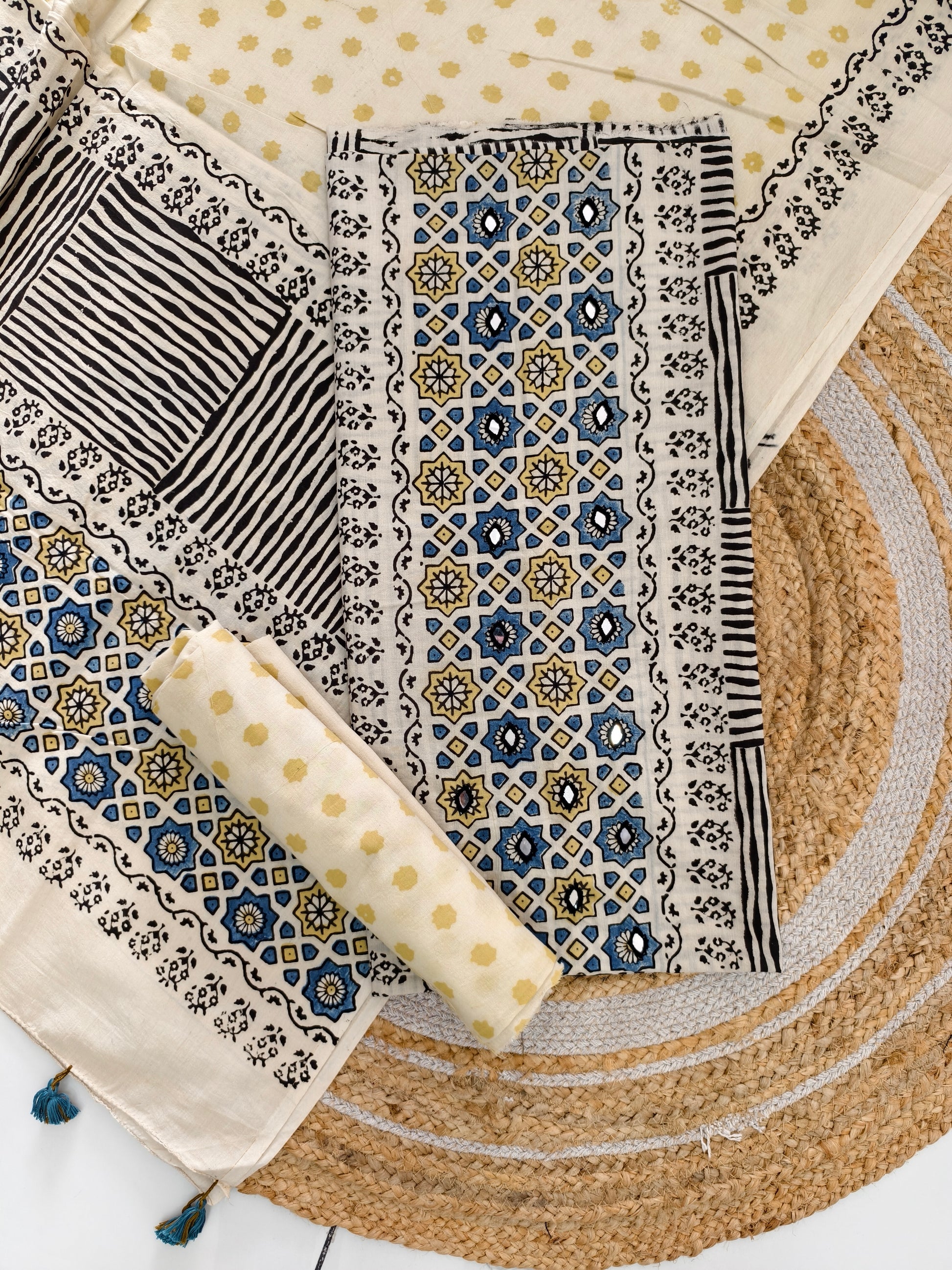 pure cotten ajrakh suit with mirror work & tassels - buy now