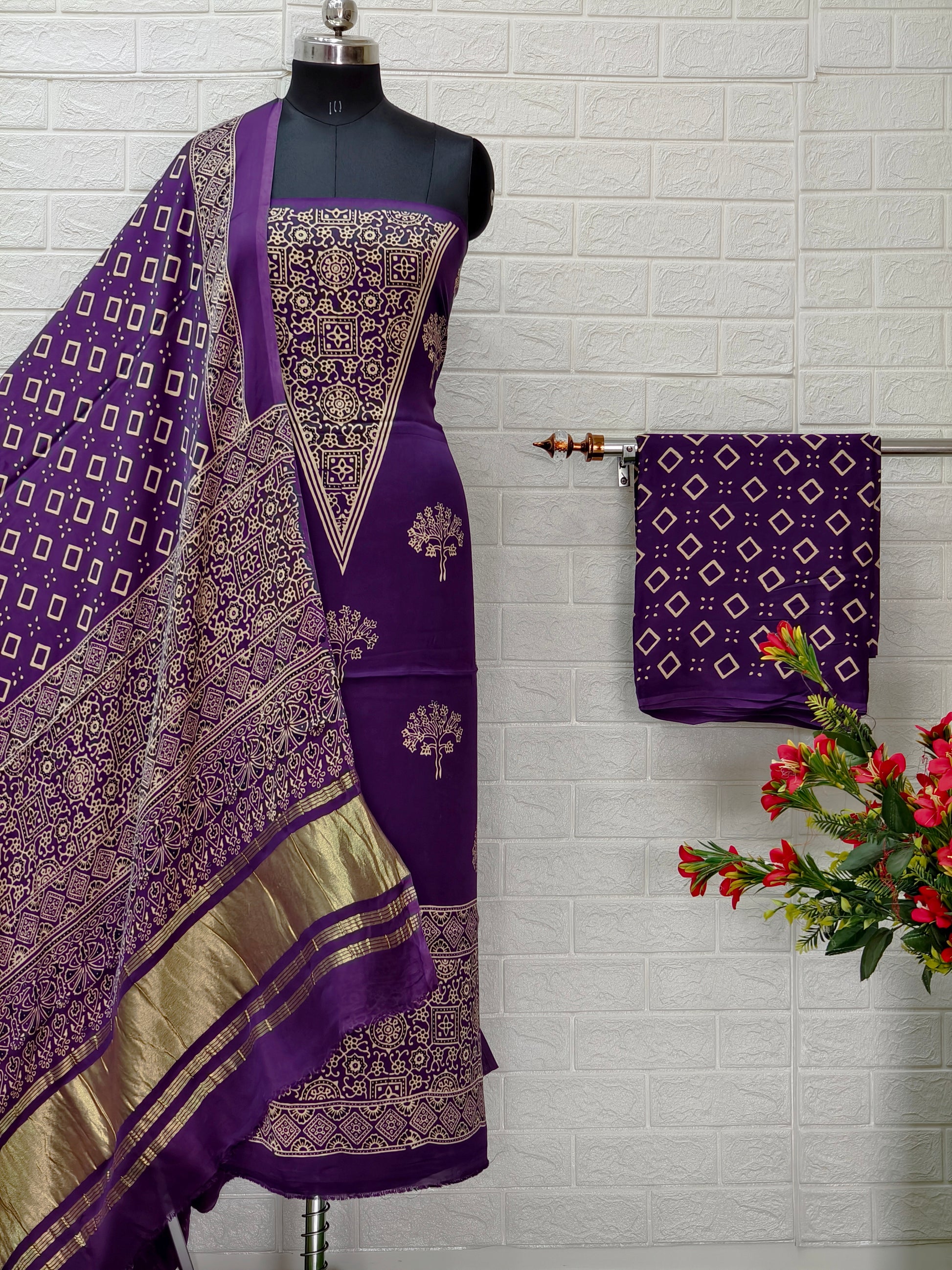 Pure Modal Silk Ajrakh Hand Block Print Neptol Dye 3 Pice Suit