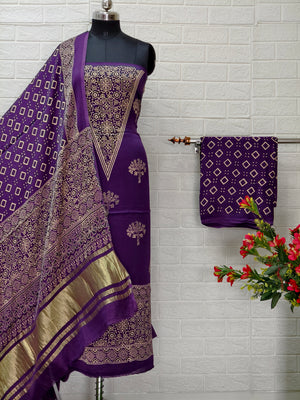 Pure Modal Silk Ajrakh Hand Block Print Neptol Dye 3 Pice Suit