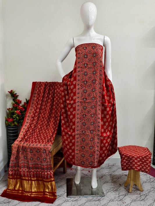 Modal Silk rust Ajrakh Hand Block Print Suit with Neptol Dye & Zari Pallu Dupatta – Premium Designer Ethnic Wear