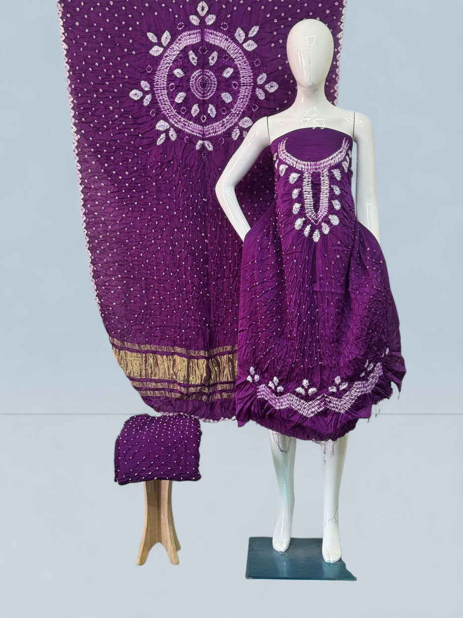 Modal Silk Shibori Suit Set with Bandhej Bottom & Zari Pallu Dupatta