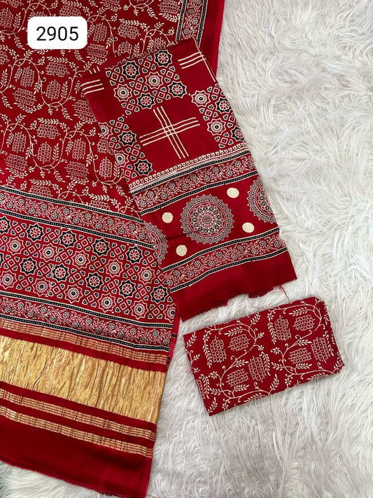 Pure Modal Silk Ajrakh Hand Block Print Neptol Dye 3 Pice Suit