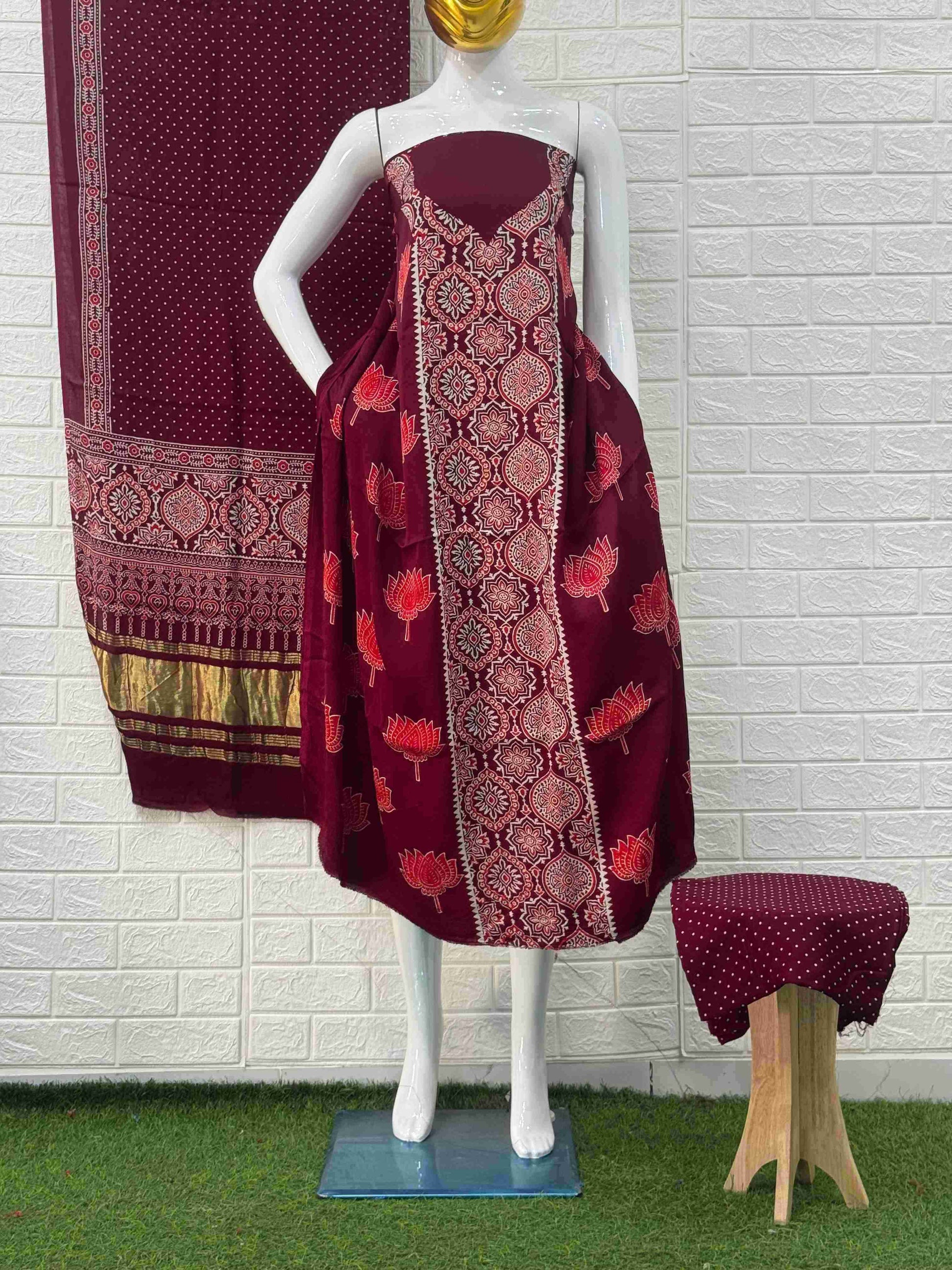 Pure Modal Silk Ajrakh Hand Block Print Neptol Dye 3 Pice Suit