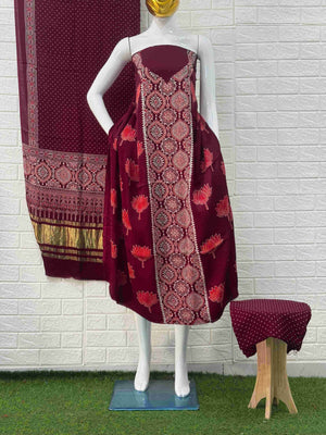 Pure Modal Silk Ajrakh Hand Block Print Neptol Dye 3 Pice Suit