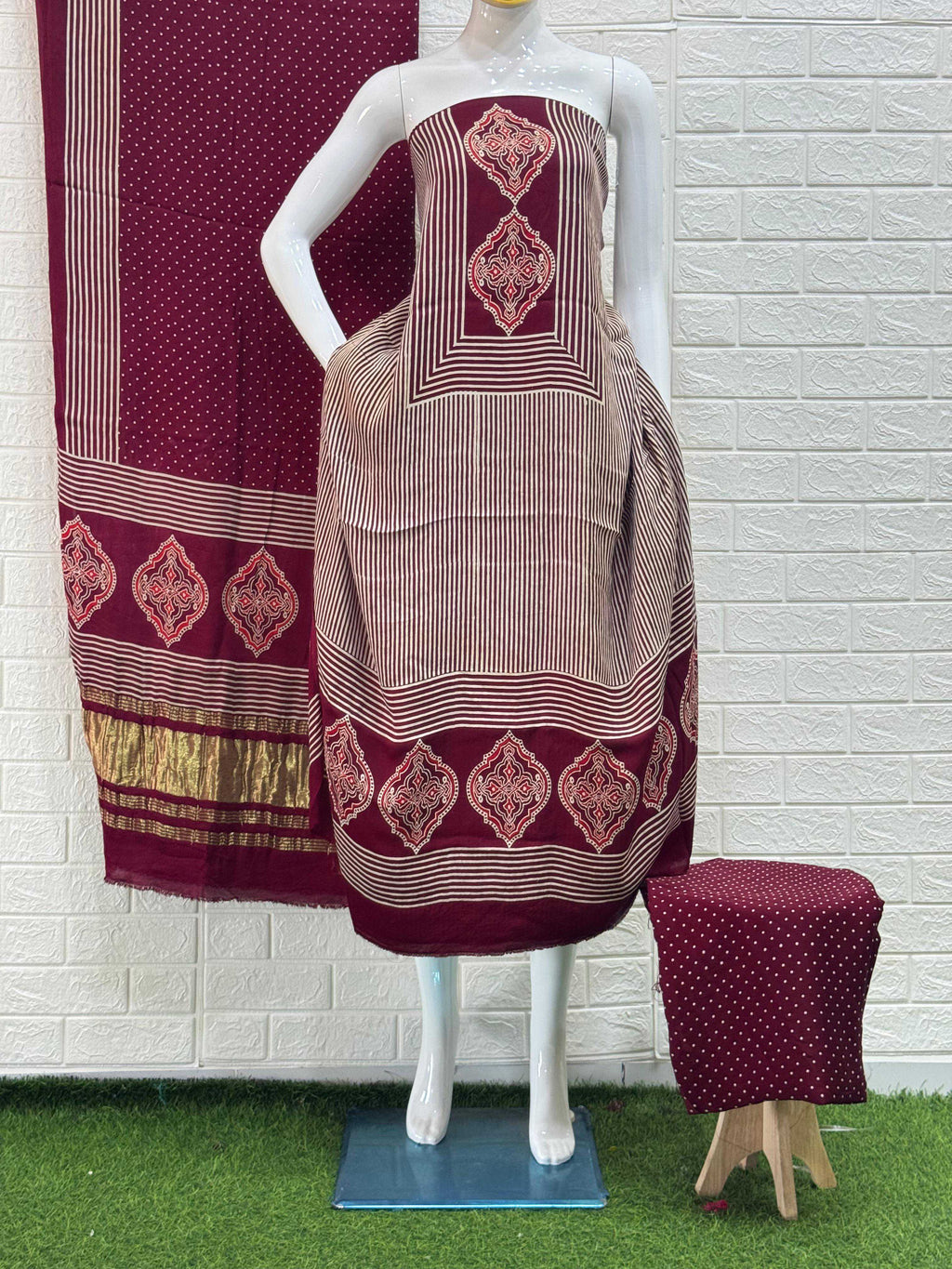 Pure Modal Silk maroon Ajrakh Hand Block Print Neptol Dye 3 Pice Suit